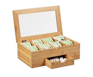 Relaxdays Bamboo Tea Storage Box, Lid with Window, 8 Compartments, Chest with Drawer, HxWxD 11x33x20 cm, Natural