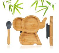 Relaxdays Bamboo Toddler Plate, Elephant, with Suction Cup & Spoon, BPA-Free, Non-Slip, Baby-Led Weaning, Natural/Grey