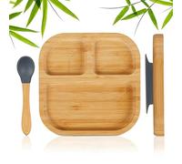Relaxdays Bamboo Toddler Plate, with Suction Cup & Spoon, BPA-Free, Non-Slip, Divided for Baby-led Weaning, Natural/Grey