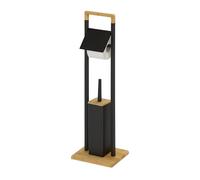 Relaxdays Bamboo Toilet Set with Freestanding Roll Holder and Brush, 76.5x28x18 cm, Black