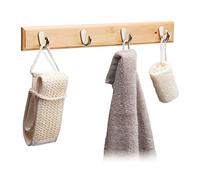Relaxdays Bamboo Wall Hook Bar, Natural Grain, Metal Hooks, Hallway Coat Rack, Towel Holder, 4 Hooks, HWD: 6x48.5x5cm, Natural