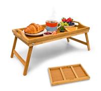 Relaxdays Bamboo Wooden Breakfast in Bed Tray, 50 x 30 x 23 cm Serving Tray With Folding Legs And Handles, Natural Brown
