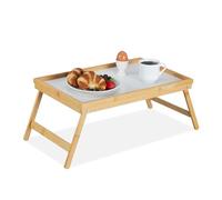 Relaxdays Bamboo Wooden Breakfast in Bed Tray, Serving Tray With Folding Legs w/ Plastic Surface, Natural Brown