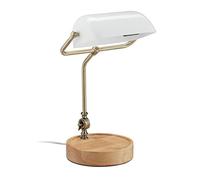 Relaxdays Banker Lamp, Tilting Glass Shade, Wooden Base, E27 Socket, Desk Lamp, Retro, Library Lamp, White/Natural
