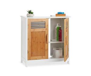 Relaxdays Basin Vanity Unit, Bamboo Doors, Height-Adjustable Shelf, Siphon Cut-Out, HWD: 60x60x30cm, Natural/White