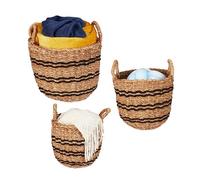 Relaxdays Basket, Set of 3, in 3 Sizes, Bathroom & Nursery Storage Boxes, with Handles, Seagrass, Natural/Black, Plant fibre, 35 x 35 x 35 cm