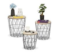 Relaxdays Basket Side Table, 3 Sizes, Wired Storage, Metal & Wood Look, Sofa or Bedside Stand, Decorative, Black/White