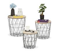 Relaxdays Basket Side Table, 3 Sizes, Wired Storage, Metal & Wood Look, Sofa or Bedside Stand, Decorative, Black/White