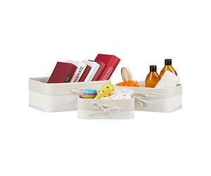 Relaxdays Basket x3, Bathroom Storage Boxes in 3 Sizes, Bamboo & Polyester, Multipurpose, Stackable, White/Creme, 12 x 32 x 22.5 cm