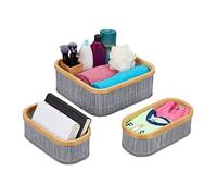 Relaxdays Basket x3, Bathroom Storage in 2 Sizes, Bamboo & Polyester, Decorative, Stackable, Natural