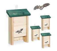 Relaxdays Bat Box 4-Pack Bat Shelter in Untreated Natural Wood, 25 x 18 x 6 cm Green