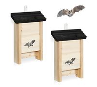 Relaxdays Bat Box Set of 2, Bat Shelter in Untreated Wood, 25 x 18 x 6 cm, Natural/Black