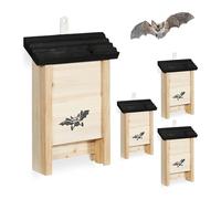 Relaxdays Bat Shelter Set of 4, Untreated Wood, Natural/Black, 25 x 18 x 6 cm
