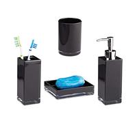 Relaxdays Bath Accessories 4-Piece Set, Toothbrush Holder, Tumbler, Soap Dispenser and Dish, Black, 19.5 x 5.5 x 5.5