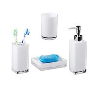 Relaxdays Bath Accessories 4-Piece Set, Toothbrush Holder, Tumbler, Soap Dispenser and Dish, White