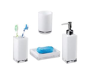 Relaxdays Bath Accessories 4-Piece Set, Toothbrush Holder, Tumbler, Soap Dispenser and Dish, White