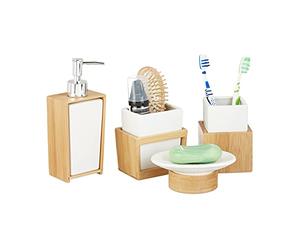 Relaxdays Bath Kit, 4-Piece Bathroom Accessories Set, Bamboo and Ceramics, Soap Dispenser and Tumbler, Natural/White