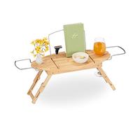Relaxdays Bath Tray, Bamboo & Metal, Extends from 69-90 cm, Caddy with Legs, Book Support & Wine Glass Holder, Natural
