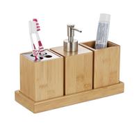 Relaxdays Bathroom Accessories Set, 4-Piece, Bamboo & Steel, Soap Dispenser, Toothbrush Holder, Tumbler, Tray, Natural, 18 x 25 x 9.5 cm