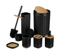 Relaxdays Bathroom Accessories Set, 6-Piece, Plastic & Bamboo, Toilet Brush & Bin, Soap Dispenser, Holder, Black, 65% 20% 15%, 003 Red