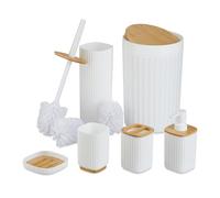 Relaxdays Bathroom Accessories Set, 6-Piece, Plastic & Bamboo, Toilet Brush & Bin, Soap Dispenser, Holder, White, 65% 20% 15%