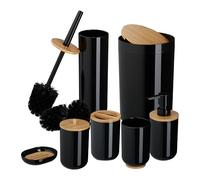 Relaxdays Bathroom Accessories Set, 7-Piece, Plastic & Bamboo, Toilet Brush & Bin, Soap Dispenser, Holder, Black, 20% 15% 65%, 003 Red, 7-teilig