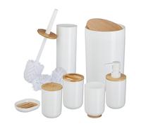 Relaxdays Bathroom Accessories Set, 7-Piece, Plastic & Bamboo, Toilet Brush & Bin, Soap Dispenser, Holder, White, 85% 15%, 7-teilig