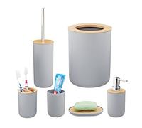 Relaxdays Accessories, Set of 6, Bathroom Equipment, Soap Dispenser, Toothbrush Holder, Bucket, Bamboo, Grey, 25 x 19.5 x 19.5 cm