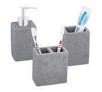 Relaxdays Bathroom Accessory, 3X Set, Soap Dispenser, Brush Pot, Toothbrush Holder, Concrete & Stainless Steel, Grey, 11.5 x 11 x 6.5 cm