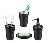 Relaxdays Bathroom Accessory Set, 4-Piece, Soap Dispenser, Dish, Toothbrush Holder, Cup, Stainless Steel, Anthracite, 17 x 7 x 7 cm