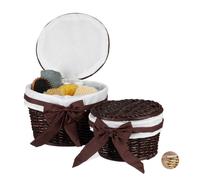 Relaxdays Bathroom Baskets Set of 2, Storage Box Set with Lids, Decorative Buri Wood, Wicker Look, Round, Choco Brown