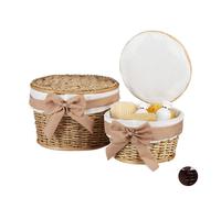 Relaxdays Bathroom Baskets Set of 2, Storage Box Set with Lids, Decorative Buri Wood, Wicker Look, Round, Natural