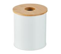 Relaxdays Bathroom Bin, 2 Litre Volume Capacity, Round, Bamboo Lid with Hole, Cosmetic Waste Trash Can, Dustbin, White, Iron, 15 x 13.5 x 13.5 cm