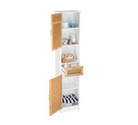 Relaxdays Bathroom Cabinet, 2 Doors, 1 Drawer, Tallboy, HxWxD: app. 180 x 39 x 30 cm, Wood and Bamboo, White-Brown