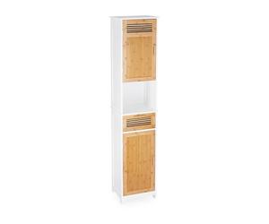 Relaxdays Bathroom Cabinet, 2 Doors, 1 Drawer, Tallboy, HxWxD: app. 180 x 39 x 30 cm, Wood and Bamboo, White-Brown