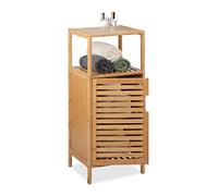 Relaxdays Bathroom Cabinet, HxWxD: 87 x 36.5 x 33 cm, Narrow Shelf with Door, 2 Tiers, Commode, Natural Bamboo