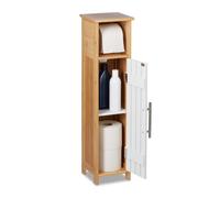Relaxdays Bathroom Cabinet, Toilet Roll Holder, Free-standing, Wooden, Storage, Cupboard, HxWxD: 71x18x20cm, Brown/White, Bamboo, 71 x 18 x 20 cm