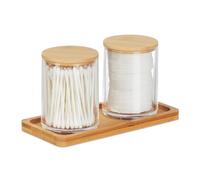Relaxdays Bathroom Container Set, Tray, 2 Cups, Bamboo Lids, Cosmetic Organiser, 10 x 19 x 9 cm, Transparent/Natural