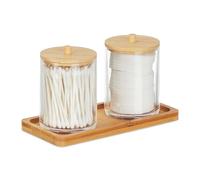Relaxdays Bathroom Container Set, Tray, 2 Cups, Bamboo Lids, Cosmetic Organiser, 11 x 19 x 9 cm, Transparent/Natural