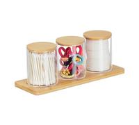 Relaxdays Bathroom Container with Tray, 3 Cups, Bamboo Lids, Cosmetic Organiser, 10 x 27 x 9 cm, Transparent/Natural
