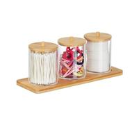 Relaxdays Bathroom Container with Tray, 3 Cups, Bamboo Lids, Cosmetic Organiser, 11 x 27 x 9.5 cm, Transparent/Natural