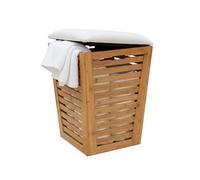 Relaxdays Bathroom Laundry Basket with Seat & Storage, 55L, Bamboo & Fabric, 56x40x40 cm, Natural/Cream
