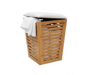 Relaxdays Bathroom Laundry Basket with Seat & Storage, 55L, Bamboo & Fabric, 56x40x40 cm, Natural/Cream