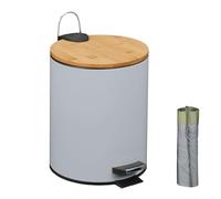 Relaxdays Bathroom Pedal Bin, 5L, Soft-Close Lid, Removable Inner Bucket, Metal, Bamboo Lid, Sanitary Disposal, Grey