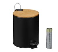 Relaxdays Bathroom Pedal Bin, 5L, Soft-Close Lid, Removable Inner Bucket, Metal, Bamboo Lid, Sanitary Disposal, Black