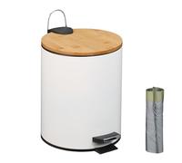 Relaxdays Bathroom Pedal Bin, 5L, Soft-Close Lid, Removable Inner Bucket, Metal, Bamboo Lid, Sanitary Disposal, White