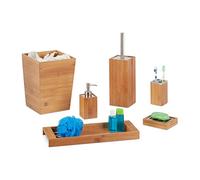 Relaxdays Bathroom Set, 6-Piece, Bamboo, Soap Dispenser and Dish, Toilet Brush, Toothbrush Holder, Tray, Bin, Natural