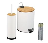 Relaxdays Bathroom Set, Waste Bin & Toilet Brush, 5 L Cosmetic Bin, Bin Liners, Holder, Metal & Bamboo, White/Natural