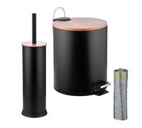Relaxdays Bathroom Set with Cosmetic Bin & Toilet Brush, 5 L, Metal & Bamboo, 26x20.5x25 cm