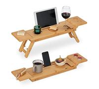 Relaxdays Bathtub Tray, Bamboo, 70 cm Wide, Caddy, Holder for Wine Glass, Phone & Tablet, Over Bath Rack, Board, Natural